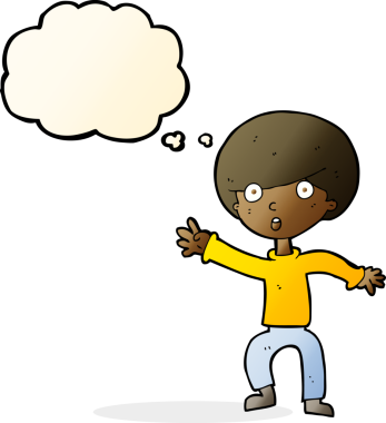 Bir insan tarafından çizilen düşünce baloncuğu ile panikleyen çocuk.