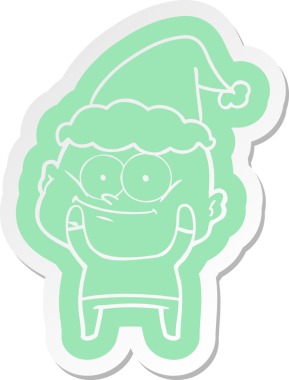 Bir insan tarafından çizilmiş Noel Baba şapkası giymiş kel bir adamın garip bir çizgi film çıkartması.