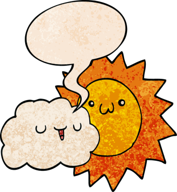 Bir insan tarafından çizilmiş, eski dokularda konuşma baloncuğu olan güneş ve bulut çizgi filmi.