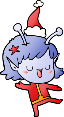 Mutlu uzaylı kız el çizimi. Bir insan tarafından çizilmiş Noel Baba şapkası.