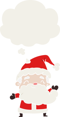 Düşünce baloncuğu olan karikatür noel baba insan tarafından çizilmiş.
