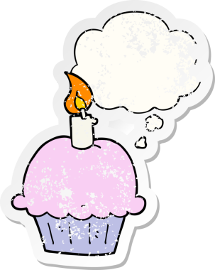 Düşünce baloncuklu çizgi film doğum günü keki bir insan tarafından çizilmiş yıpranmış bir çıkartma.