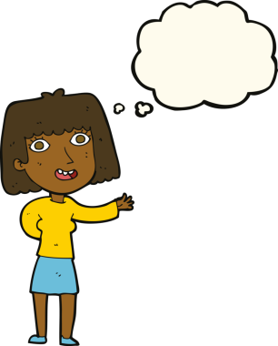 Karikatür dostu kadın bir insan tarafından çizilmiş düşünce balonuyla el sallıyor.