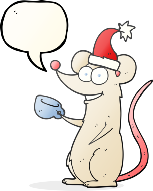 Bir insan tarafından çizilmiş Noel şapkası giyen serbest konuşma balonu çizgi film faresi.