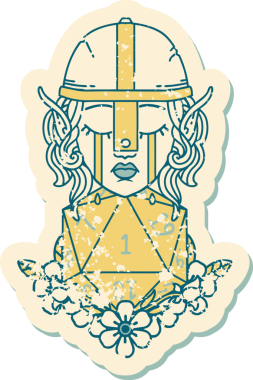 Retro Tattoo Tarzı Üzgün Elf Savaşçısı Karakteri Bir insan tarafından çizilmiş d20 ruloyla