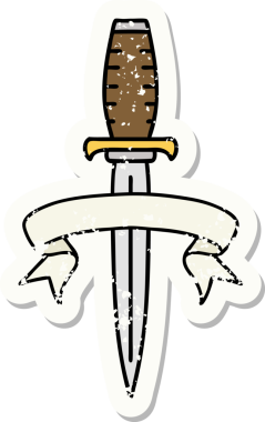 Bir insan tarafından çizilmiş bir hançerin bayrağı olan eski bir etiket.