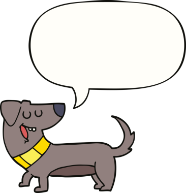 Bir insan tarafından çizilmiş konuşma balonu olan çizgi film köpeği.