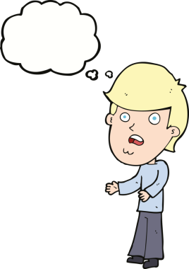 Bir insan tarafından çizilen düşünce baloncuğuyla şok olmuş bir adam.