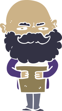 Düz renkli çizgi film karakteri sakallı bir insan tarafından çizilmiş.