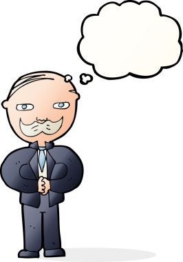 Düşünce baloncuğu çizilmiş bıyıklı yaşlı bir adam.