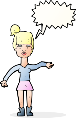 Bir insan tarafından çizilen düşünce baloncuğuyla kibirli bir jest yapan karikatür kadını.