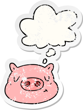 Düşünce baloncuklu çizgi film domuz yüzü insan tarafından çizilmiş yıpranmış bir çıkartma gibi.