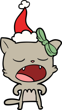 Bir insan tarafından çizilmiş Noel Baba şapkası giymiş bir kedi miyavlıyor.