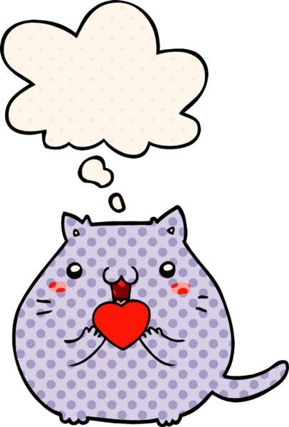 Çizgi roman tarzında bir insan tarafından çizilmiş düşünce baloncuğuna aşık sevimli çizgi film kedisi.