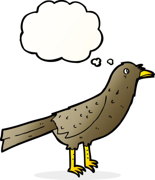 Bir insan tarafından çizilmiş düşünce baloncuklu çizgi film kuşu.