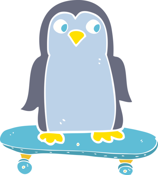 Bir insan tarafından çizilen kaykay süren penguenin düz renk çizimi