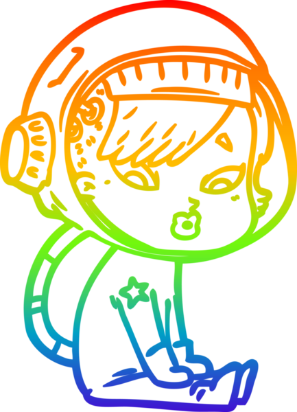 Gökkuşağı gradyan çizgi çizimi bir insan tarafından çizilmiş astronot bir kadın.