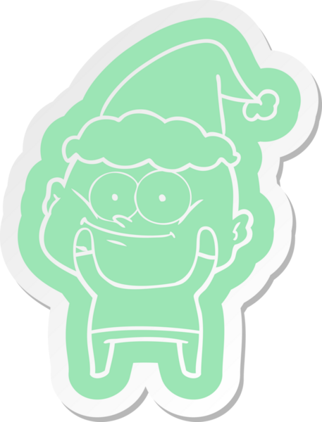 Bir insan tarafından çizilmiş Noel Baba şapkası giymiş kel bir adamın garip bir çizgi film çıkartması.