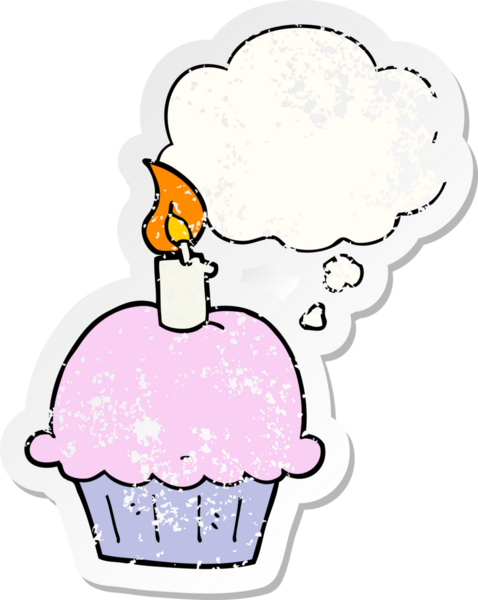 Düşünce baloncuklu çizgi film doğum günü keki bir insan tarafından çizilmiş yıpranmış bir çıkartma.