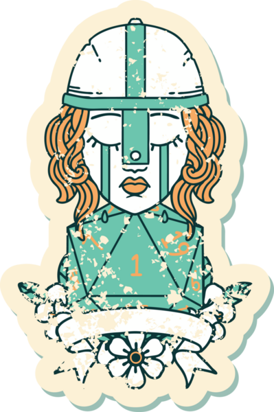 Retro Dövme Tarzı Ağlayan İnsan Dövüşçüsü Bir insan tarafından çizilmiş doğal bir D20 zarıyla