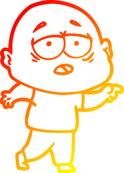 Bir insan tarafından çizilmiş, yorgun, kel bir adamın sıcak çizgi çizimi.