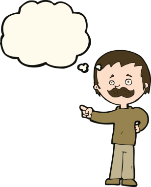 Çizgi filmdeki bıyıklı adam bir insan tarafından çizilmiş düşünce balonuyla işaret ediyor.