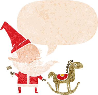 çizgi film Noel Baba konuşma baloncuğu ile oyuncak yapıyor grunge sıkıntılı retro stili bir insan tarafından çizilmiş