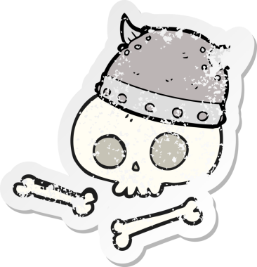 Bir insan tarafından çizilmiş kafatası üzerindeki viking miğferinin gerilimli retro yapıştırması