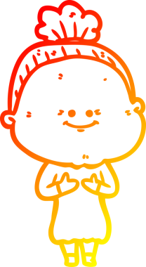 Bir insan tarafından çizilmiş mutlu, yaşlı bir kadının sıcak çizgi çizimi.