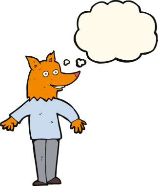 Bir insan tarafından çizilmiş düşünce balonlu mutlu tilki adam.