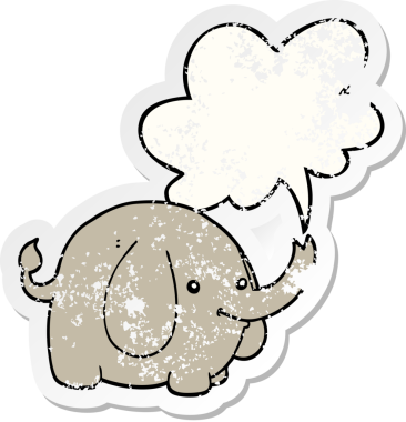 Konuşma baloncuğu olan karikatür fili bir insan tarafından çizilmiş sıkıntılı eski bir çıkartma