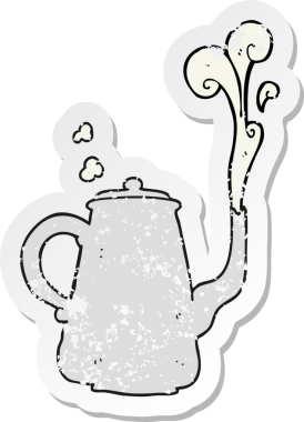 Bir insan tarafından çizilmiş buharda pişmiş bir kahve demliğinin retro sıkıntılı çıkartması.