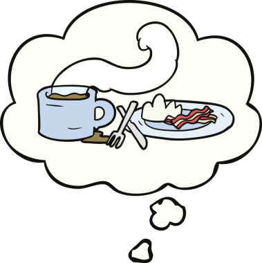 Bir insan tarafından çizilmiş düşünce balonlu karikatür kahvaltısı.
