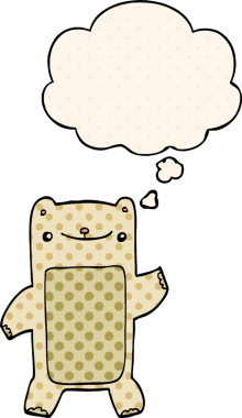 Çizgi roman tarzında bir insan tarafından çizilmiş düşünce balonlu oyuncak ayı.