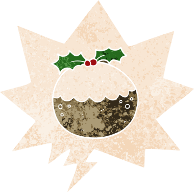 bir insan tarafından çizilmiş, grunge dertli retro stili ile konuşma baloncuklu noel pudingi.