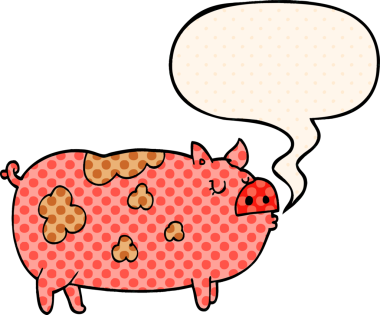 Bir insan tarafından çizilmiş çizgi roman tarzında konuşma balonlu bir domuz.