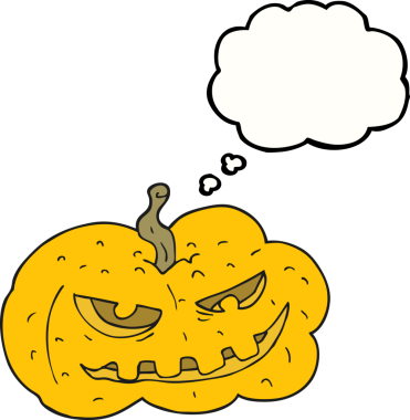 Serbest çizim düşünce baloncuğu karikatürü Cadılar Bayramı balkabağı bir insan tarafından çizildi