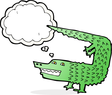 Bir insan tarafından çizilmiş düşünce baloncuklu timsah çizgi filmi.