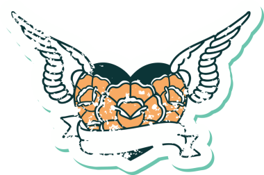 Bir insan tarafından çizilmiş çiçek ve pankartıyla uçan bir kalbin sembolik dövmeli resmi.