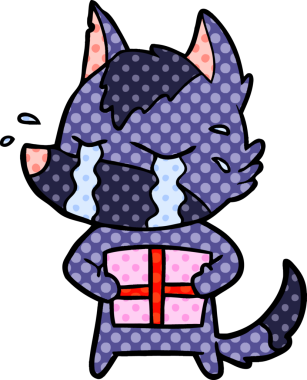 Bir insan tarafından çizilmiş Noel hediyeli ağlayan kurt çizgi filmi.