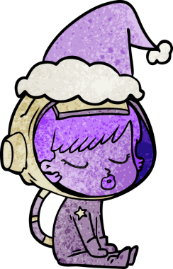 Bir insan tarafından çizilmiş Noel Baba şapkasıyla bekleyen güzel bir astronot kızın el çizimi çizgi filmi.