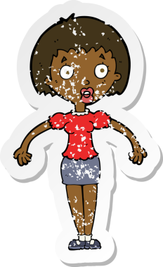 Çizgi filmin gerilmiş çıkartması kafası karışmış bir kadın bir insan tarafından çizilmiş omuzlarını silkiyor.