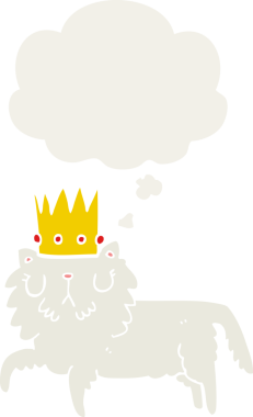 Düşünce baloncuklu taç takan çizgi film kedisi insan tarafından çizilmiş.