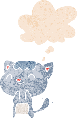 Düşünce baloncuklu çizgi film mutlu kedi grunge sıkıntılı retro dokuma bir insan tarafından çizilmiş