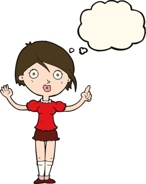 Bir insan tarafından çizilmiş düşünce baloncuğuyla soru soran çizgi film kızı.