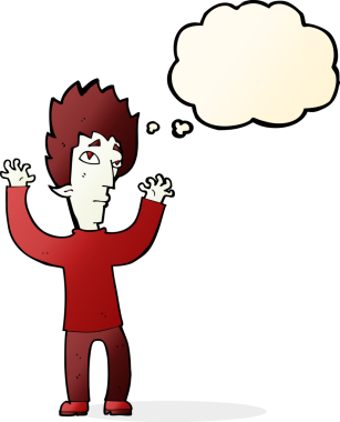 Bir insan tarafından çizilmiş düşünce baloncuğuyla pes eden vampir çizgi filmi.