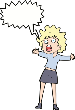 Bir insan tarafından çizilmiş konuşma baloncuğu olan korkmuş kadın çizgi filmi.