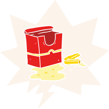 Bir insan tarafından çizilmiş, içinde konuşma balonu olan boş patates kızartması kutusu.