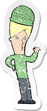 Bir insan tarafından çizilmiş kış şapkası giyen bir çizgi film karakterinin gerilimli retro çıkartması.