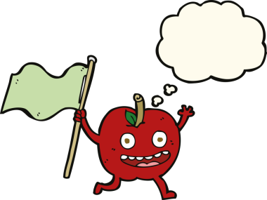 bir insan tarafından çizilmiş düşünce baloncuklu bayraklı çizgi film elması